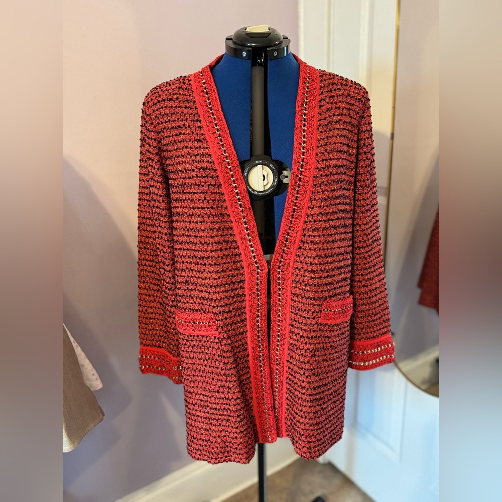 Misook lightweight unlined crochet and chains cardigan red and black.